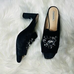 Alex Marie Black Velvet Jewel-Embellished Block Heel Mules
